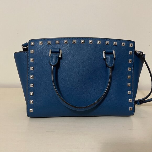 Michael Kors Selma Medium Studded Blue Saffiano Leather Crossbody Handbag - Picture 7 of 15